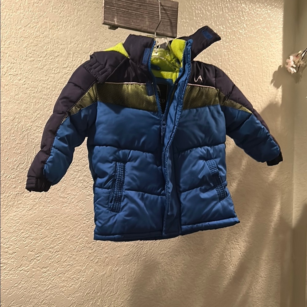Blue and Green Puffer Jacket with Quilted Design